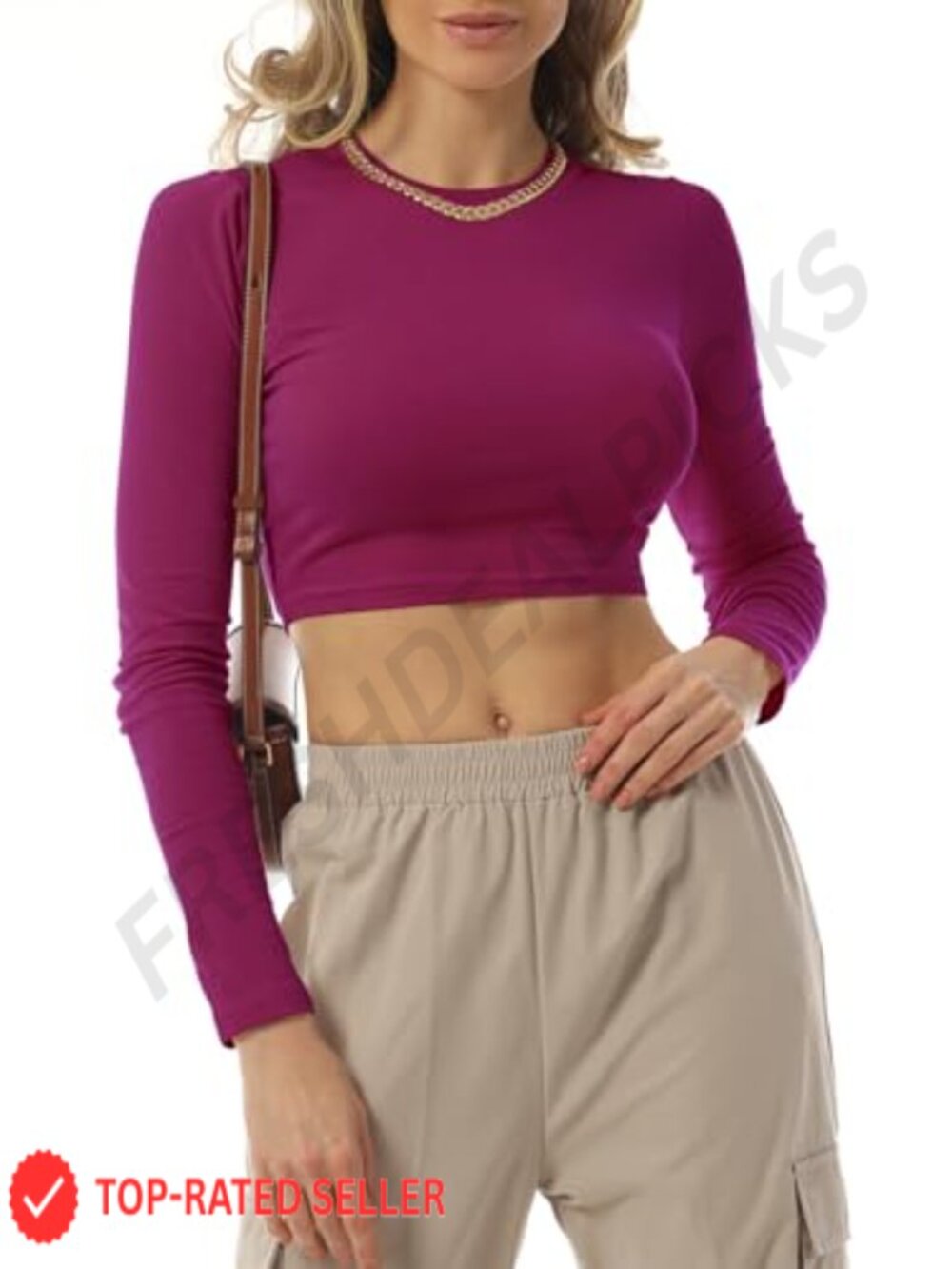 Women's Long Sleeve Crew Neck Slim Fit Crop Top Cotton Stretch Tee
